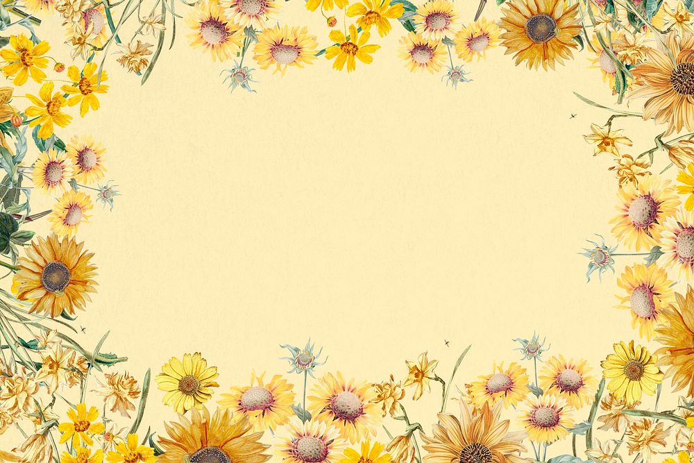 Spring sunflowers frame background, yellow design