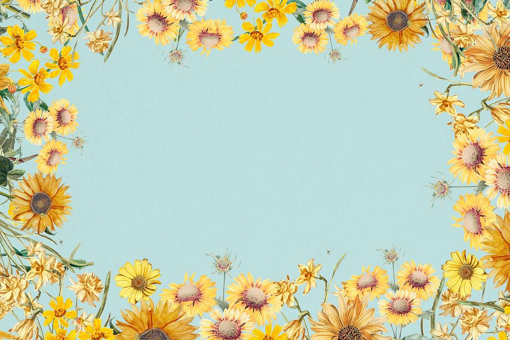 Spring sunflowers frame background, blue design