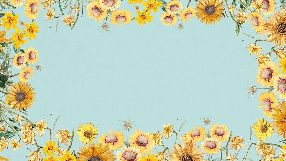 Spring sunflowers frame desktop wallpaper, blue background