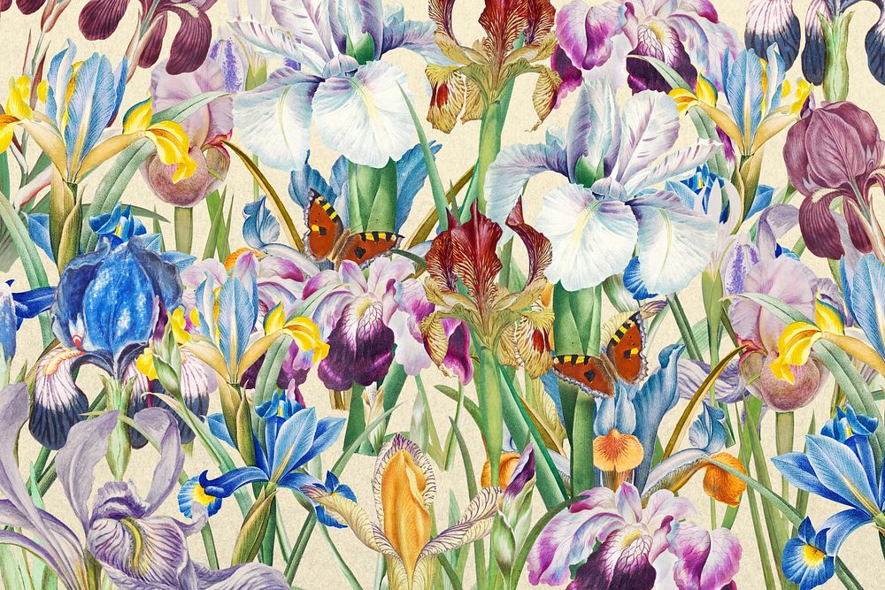 Purple exotic flowers background, aesthetic botanical illustration