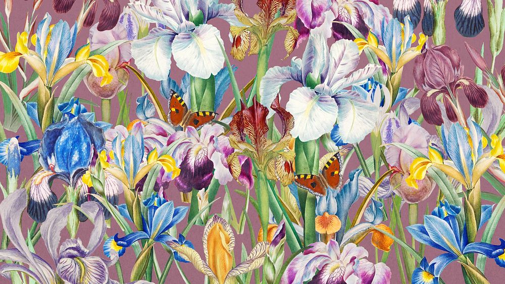 Purple exotic flowers computer  wallpaper, aesthetic botanical illustration