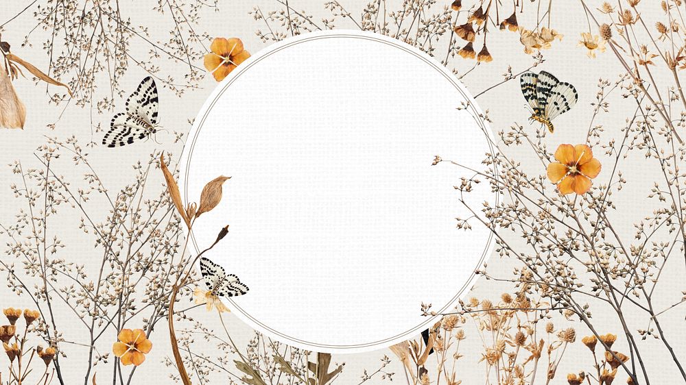 Autumn aesthetic frame desktop wallpaper, leaf branches and butterfly collage