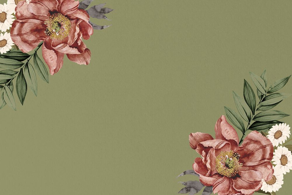 Vintage camellia flower background, green aesthetic illustration