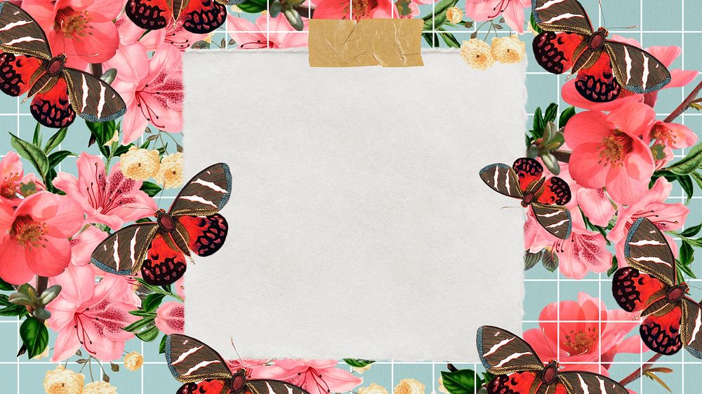 Pink butterfly frame desktop wallpaper, note paper collage
