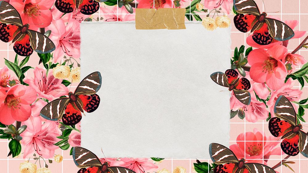 Pink butterfly frame desktop wallpaper, note paper collage