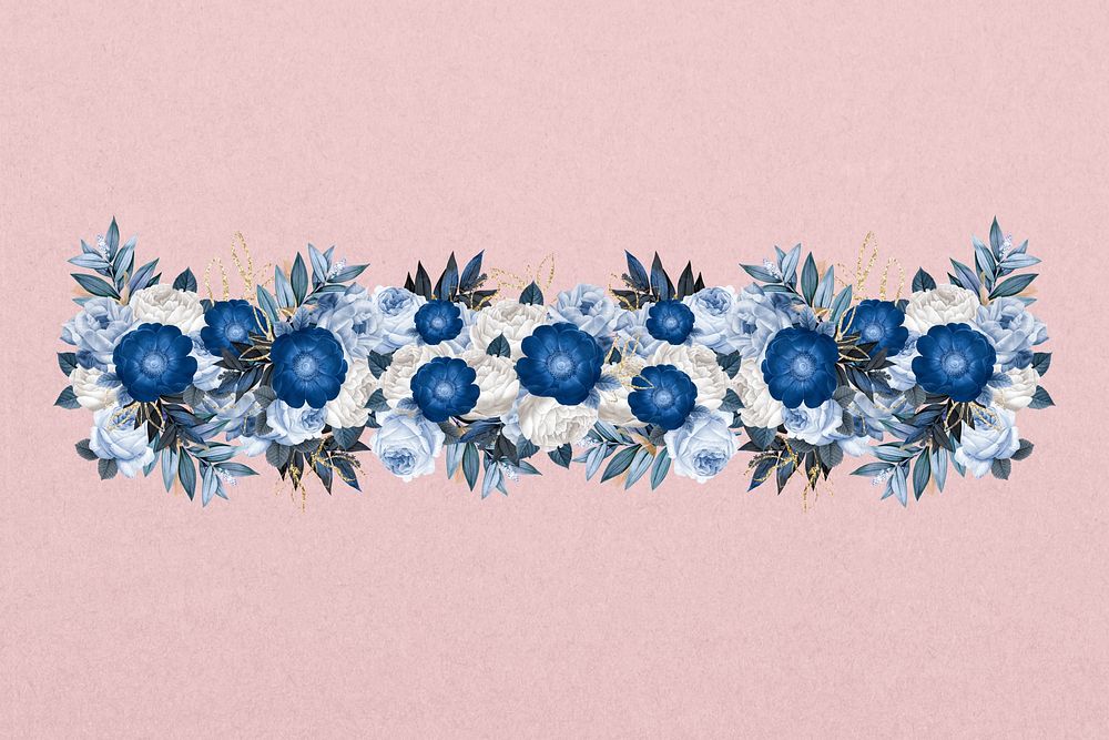 Blue peony flower divider, Winter floral illustration