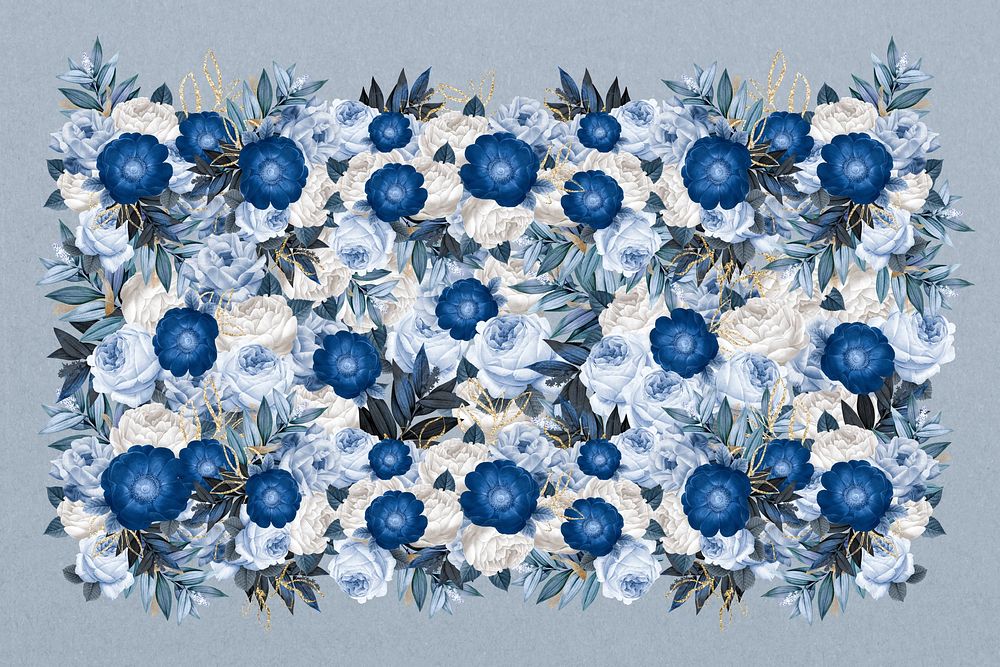 Blue peony flower, Winter seasonal collage art