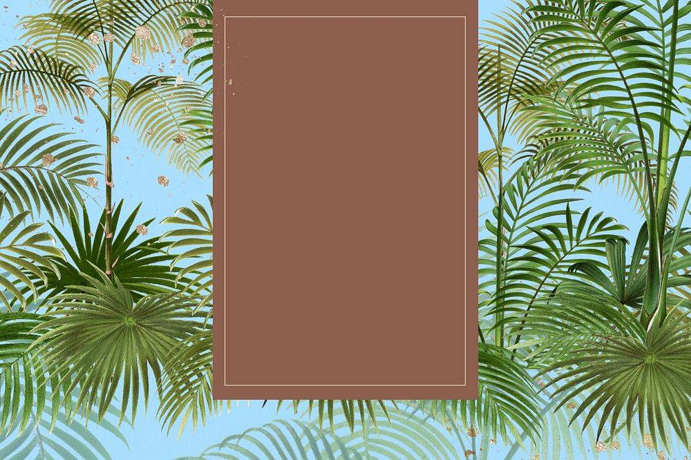 Tropical palm trees frame, brown rectangle shape