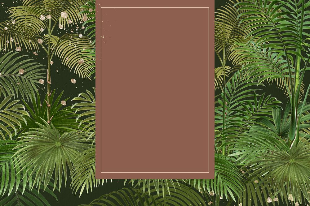 Tropical palm trees frame, brown rectangle shape