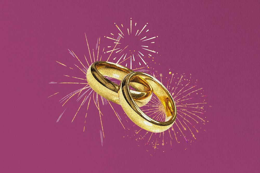 Gold wedding rings, fireworks, celebration collage