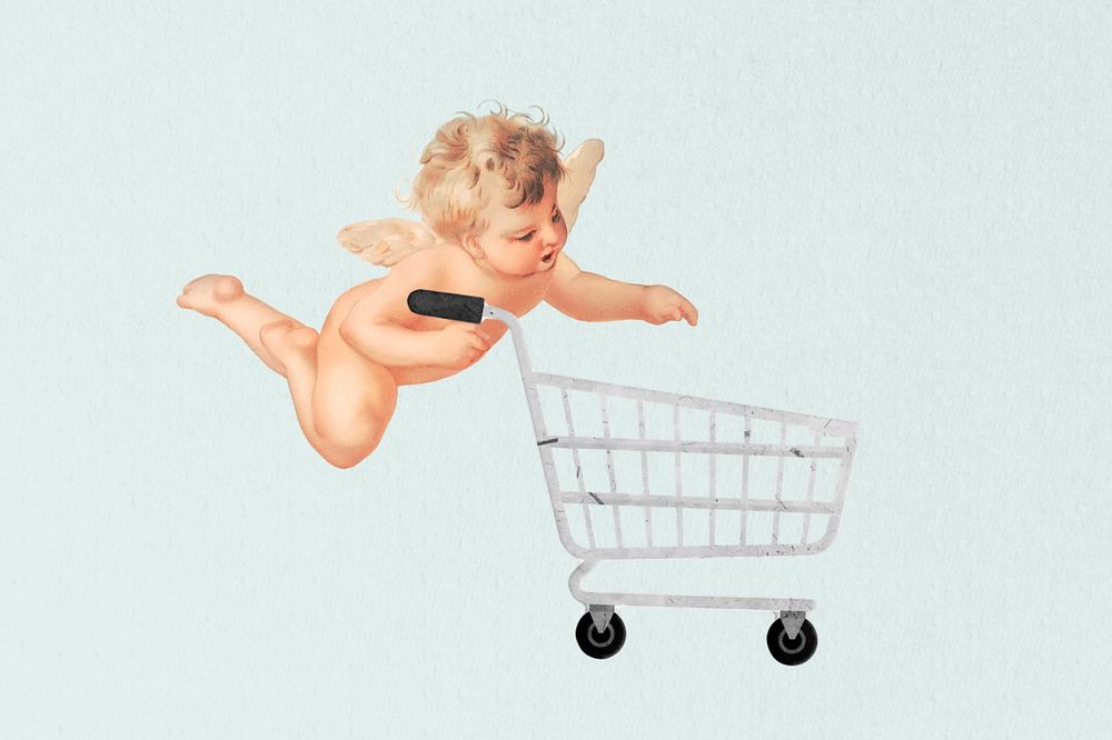 Cupid pushing shopping cart. Remixed by rawpixel.