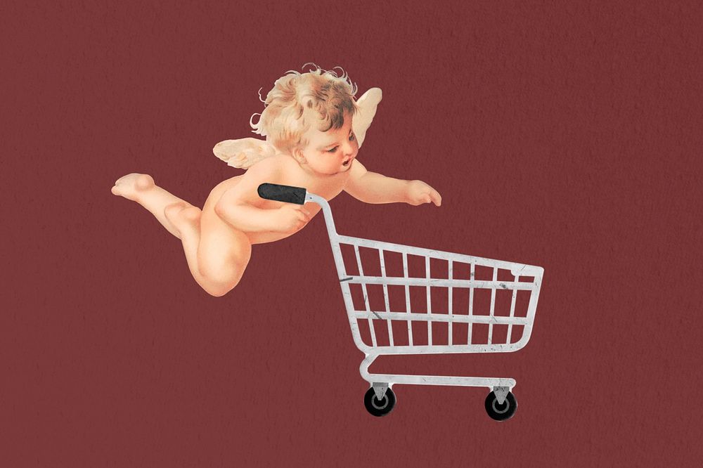 Cupid pushing shopping cart. Remixed by rawpixel.