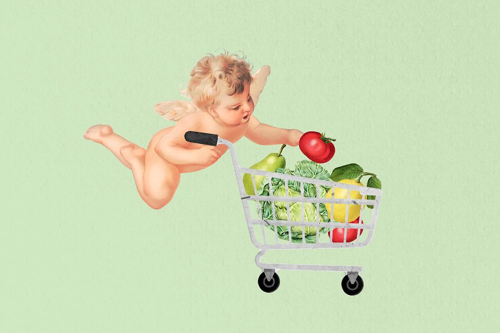 Cupid grocery shopping, wellness. Remixed by rawpixel.