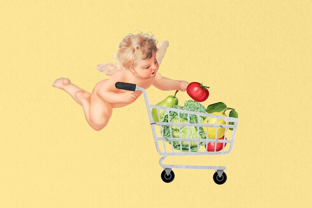 Cupid grocery shopping, wellness. Remixed by rawpixel.