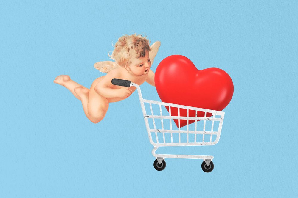 Heart in shopping cart, cupid. Remixed by rawpixel.