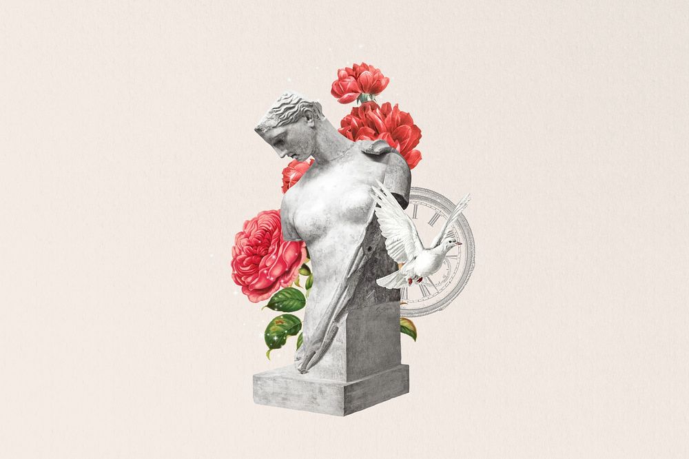 Greek Goddess statue, flower. Remixed by rawpixel.