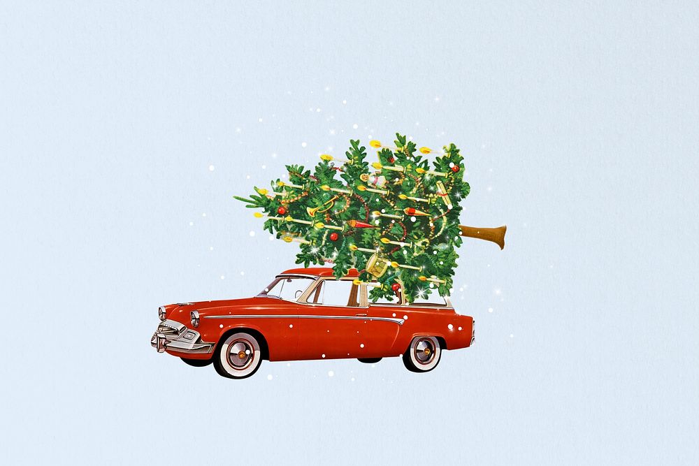 Car carrying Christmas tree collage art. Remixed by rawpixel.