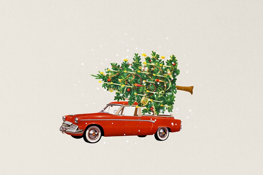 Car carrying Christmas tree collage art. Remixed by rawpixel.