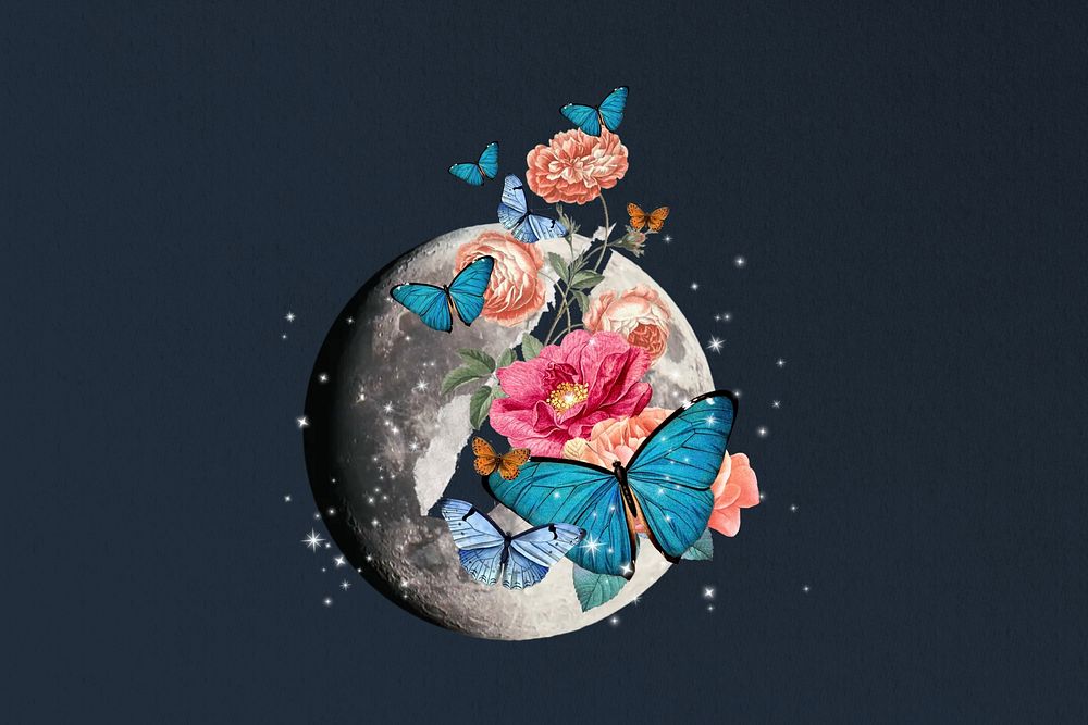 Floral moon butterfly, surreal collage art