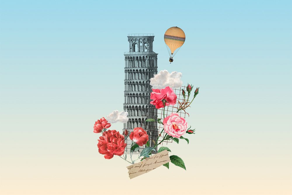 Tower of Pisa, floral travel collage. Remixed by rawpixel.