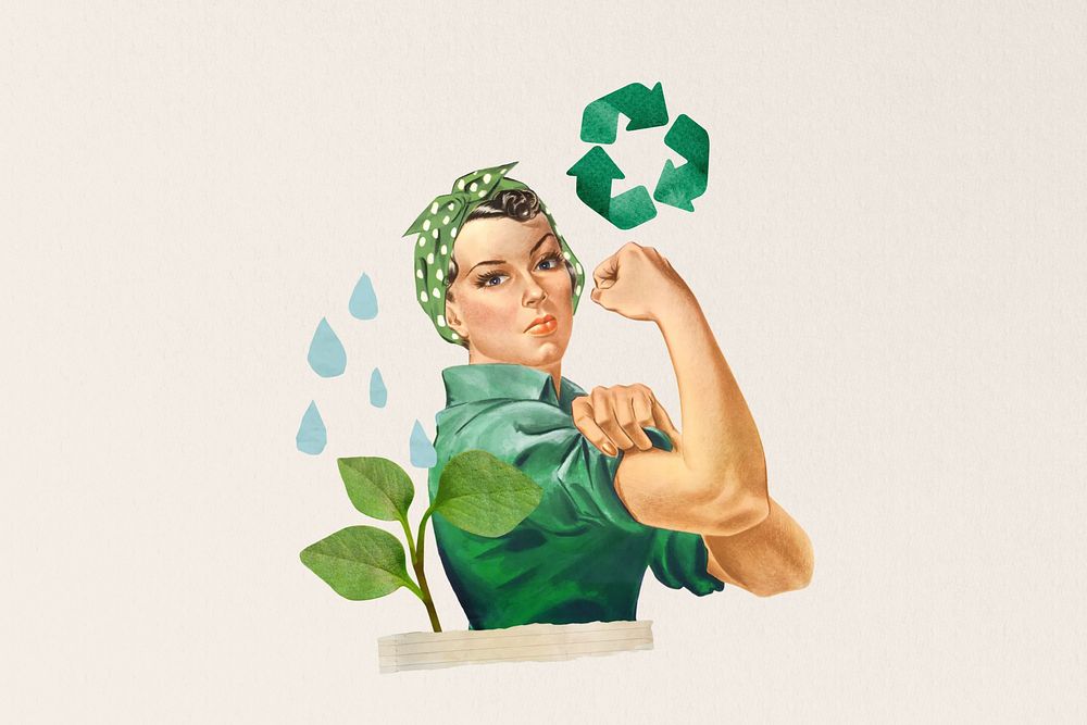 Environmentalist woman flexing muscle collage art. Remixed by rawpixel.