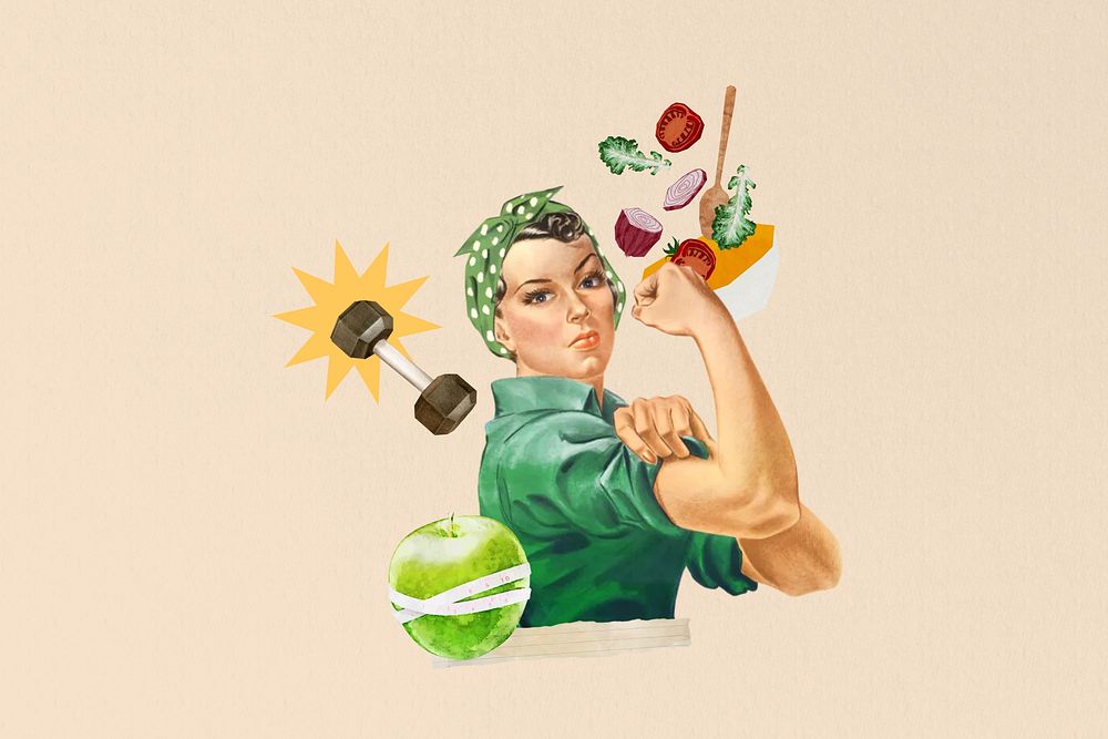 Flexing woman, healthy diet & wellness collage. Remixed by rawpixel.