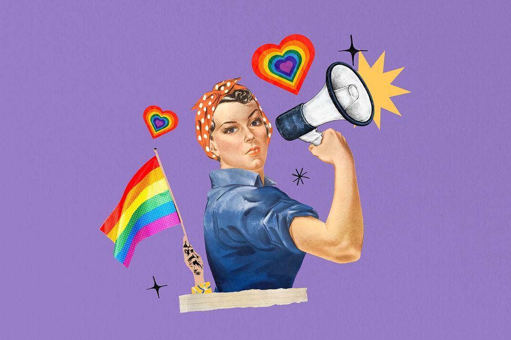 LGBT woman activist holding pride flag. Remixed by rawpixel.