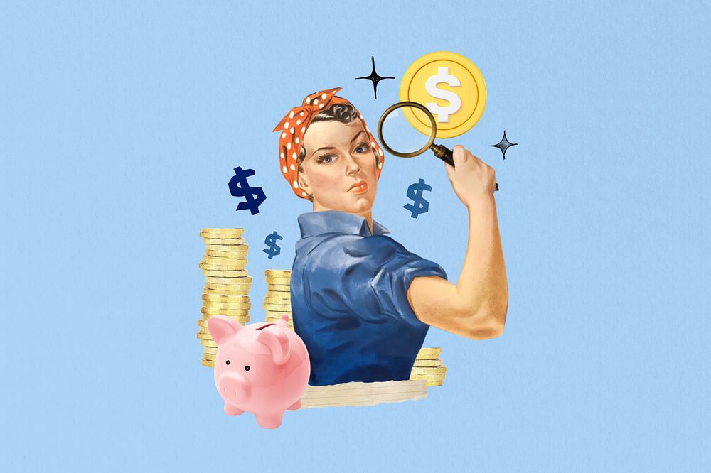 Money saving solution, woman holding magnifying glass collage. Remixed by rawpixel.