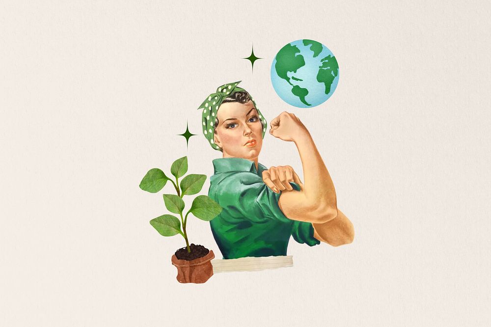 Environmentalist woman flexing muscle collage art. Remixed by rawpixel.