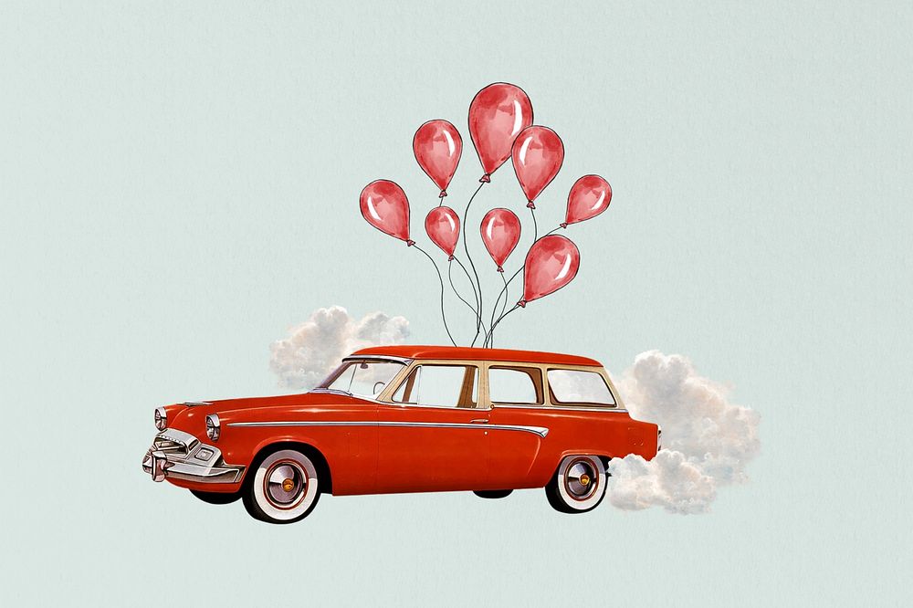 Floating car with balloons, celebration graphic