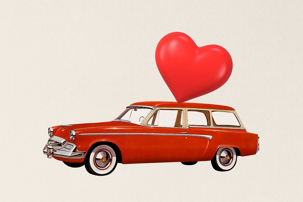 Valentine's celebration car, floating heart balloons collage art