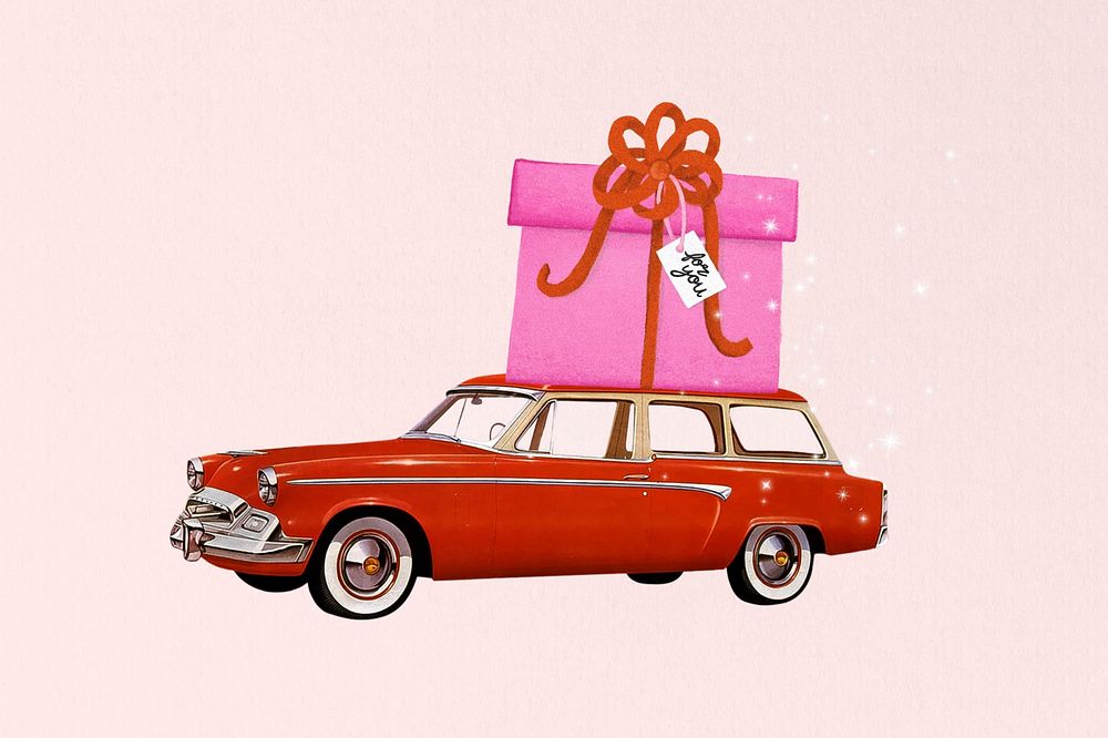 Car carrying gift box, celebration graphic