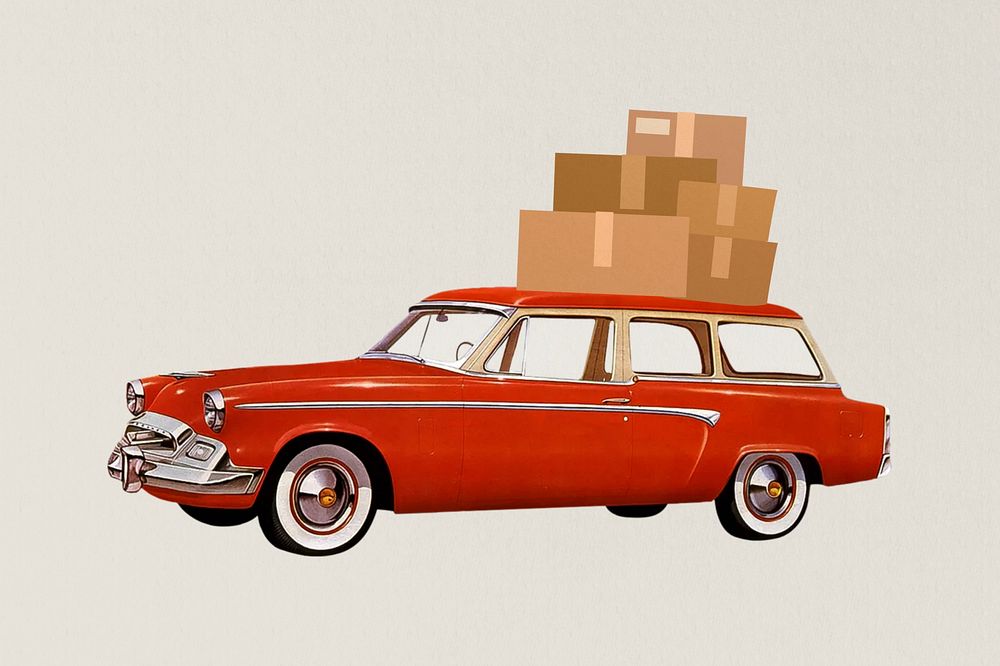 Car carrying moving boxes, vintage remix