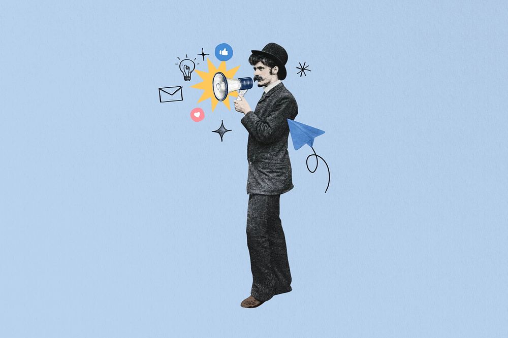 Man holding megaphone, social media. Remixed by rawpixel.