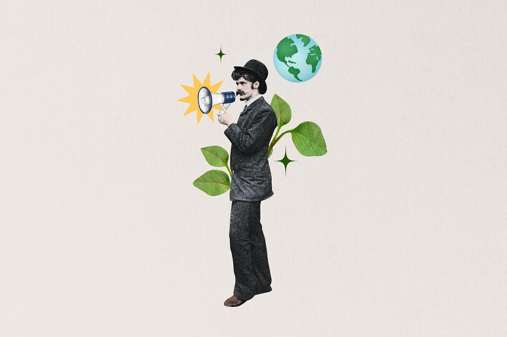 Environmentalist man holding megaphone collage art. Remixed by rawpixel.