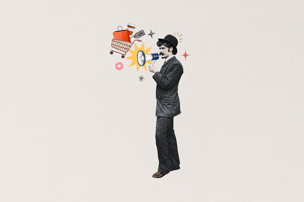 Man holding megaphone, shopping announcement. Remixed by rawpixel.