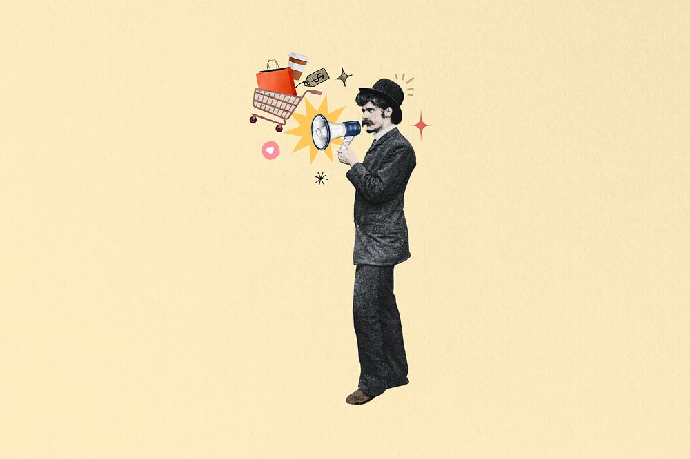 Man holding megaphone, shopping announcement. Remixed by rawpixel.