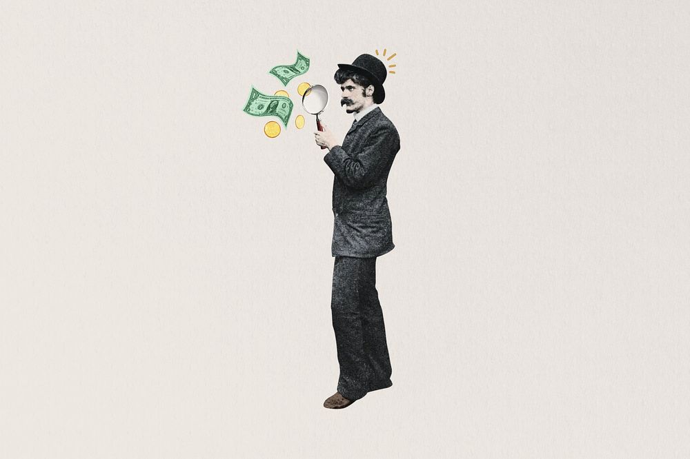 Investor finding, man holding magnifying glass, finance. Remixed by rawpixel.