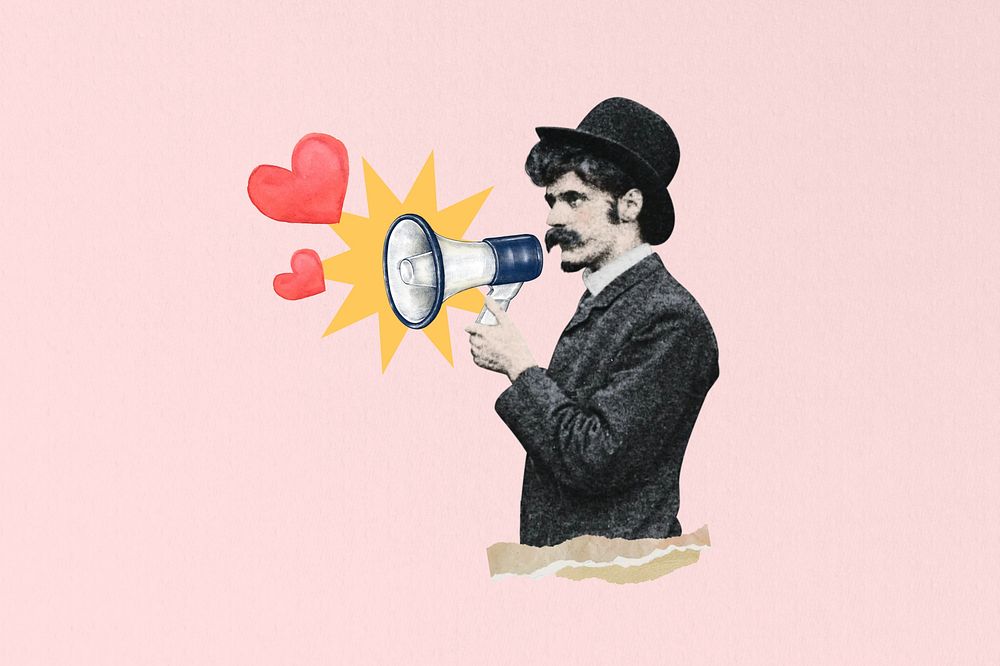 Valentine's celebration, man holding megaphone collage . Remixed by rawpixel.