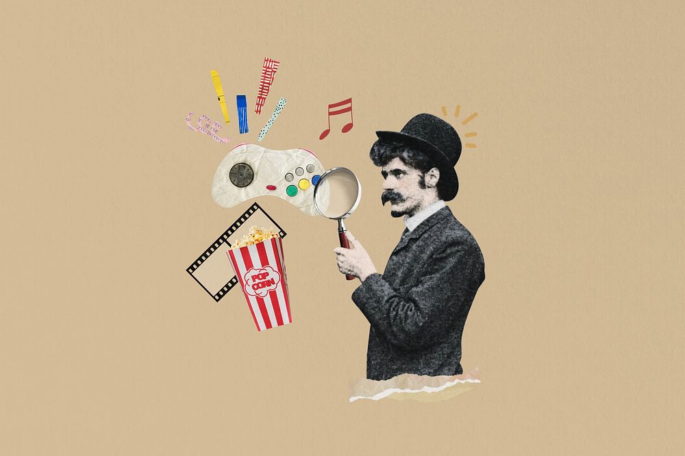 Man holding magnifying glass, entertainment collage art. Remixed by rawpixel.
