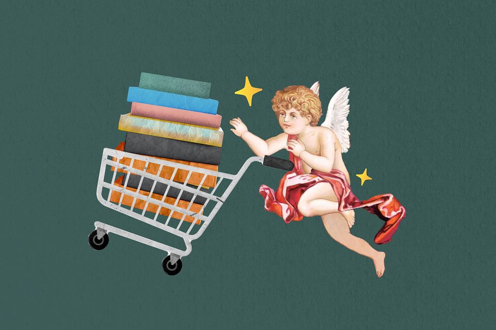 Cupid buying textbooks, education collage. Remixed by rawpixel.