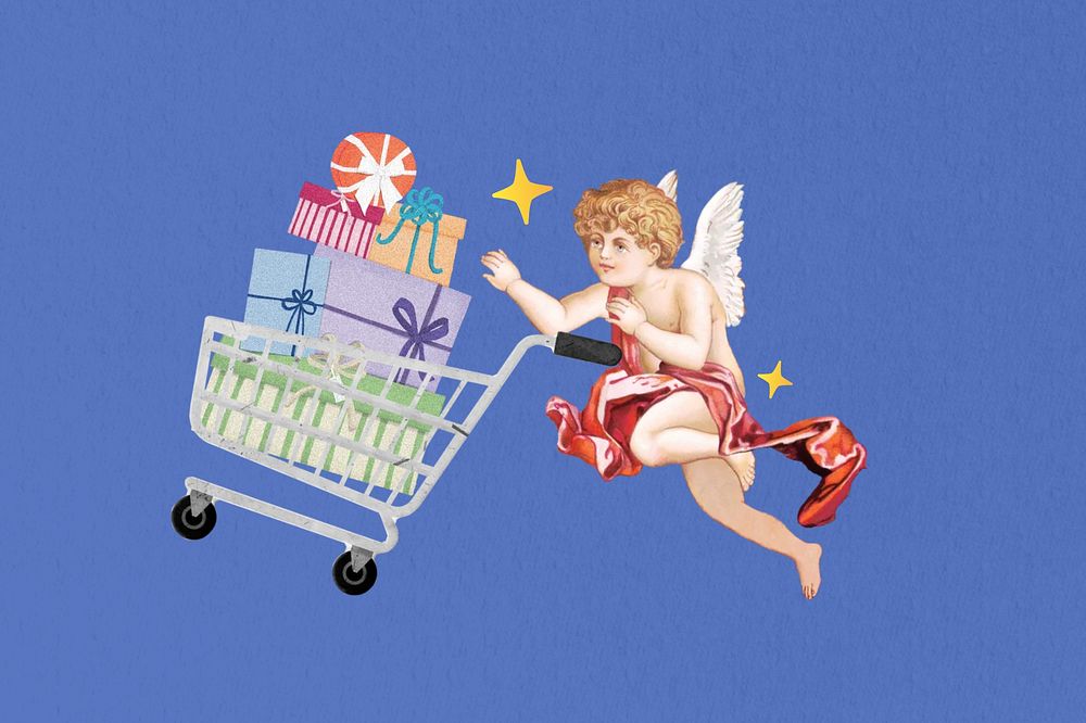 Cupid shopping for gifts, celebration graphic. Remixed by rawpixel.