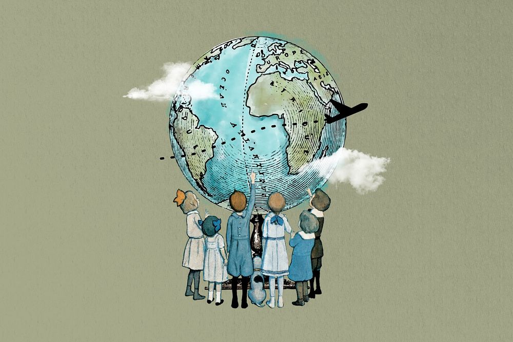 Children looking at globe, travel collage. Remixed by rawpixel.