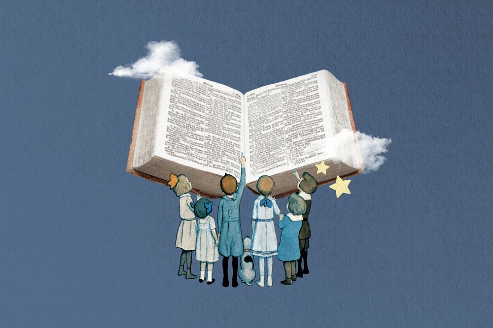 Children reading textbook, education. Remixed by rawpixel.