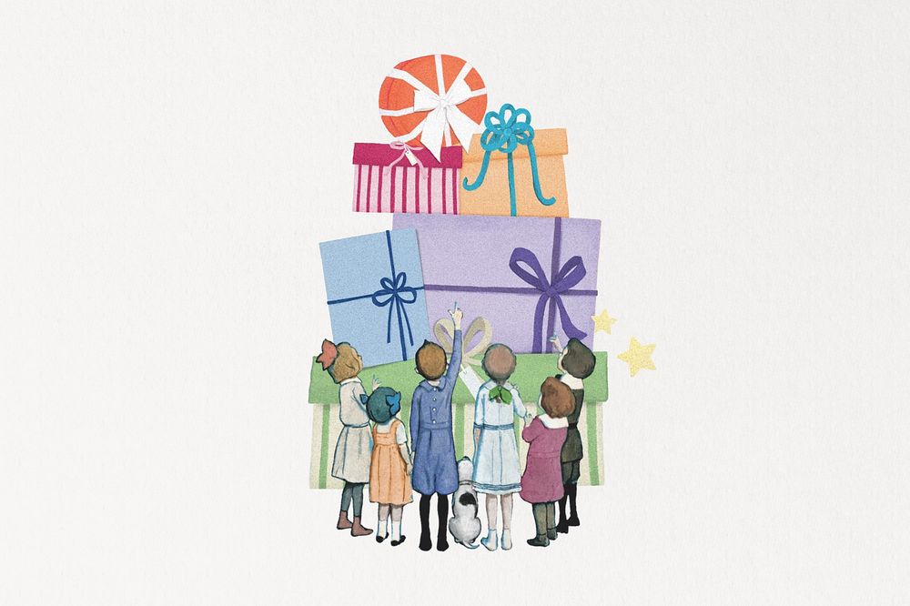 Kids looking at gift boxes, celebration. Remixed by rawpixel.