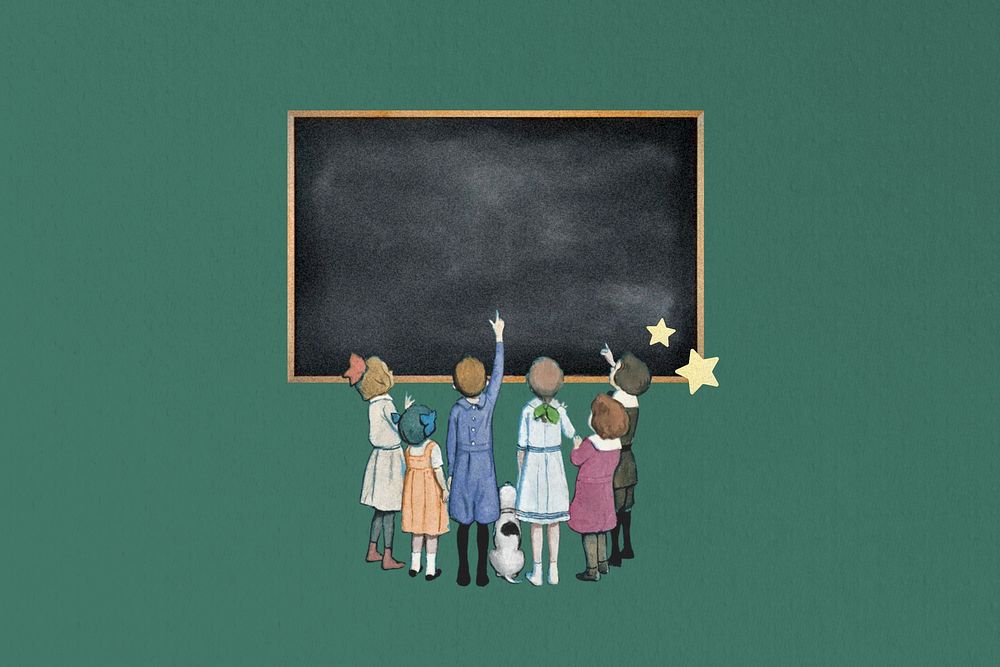 Children pointing at blackboard, education. Remixed by rawpixel.