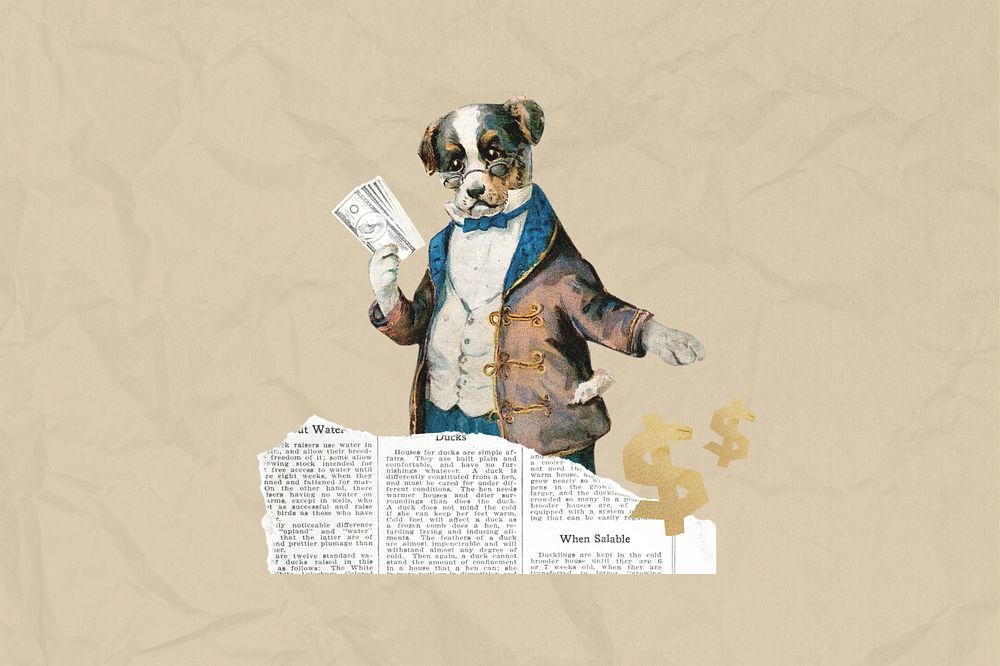 Business investor, dog holding money collage. Remixed by rawpixel.