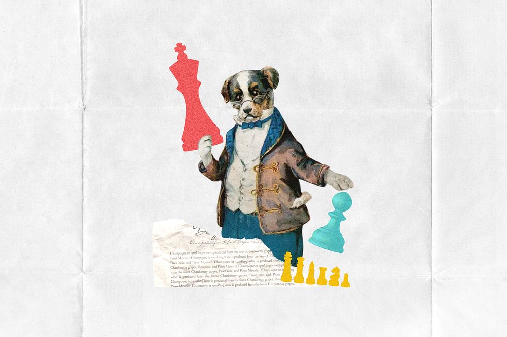 Dog holding chess piece, business. Remixed by rawpixel.