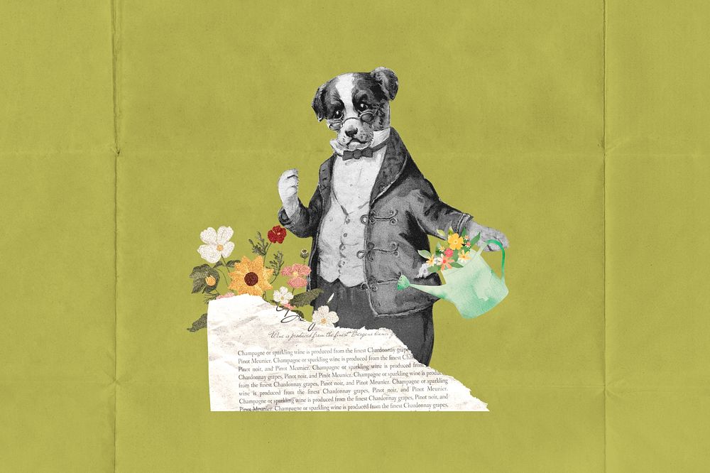 Dog watering flower, vintage. Remixed by rawpixel.