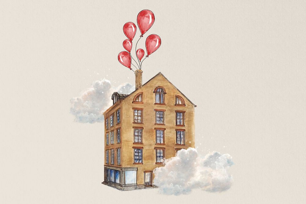 Floating building, vintage balloons. Remixed by rawpixel.